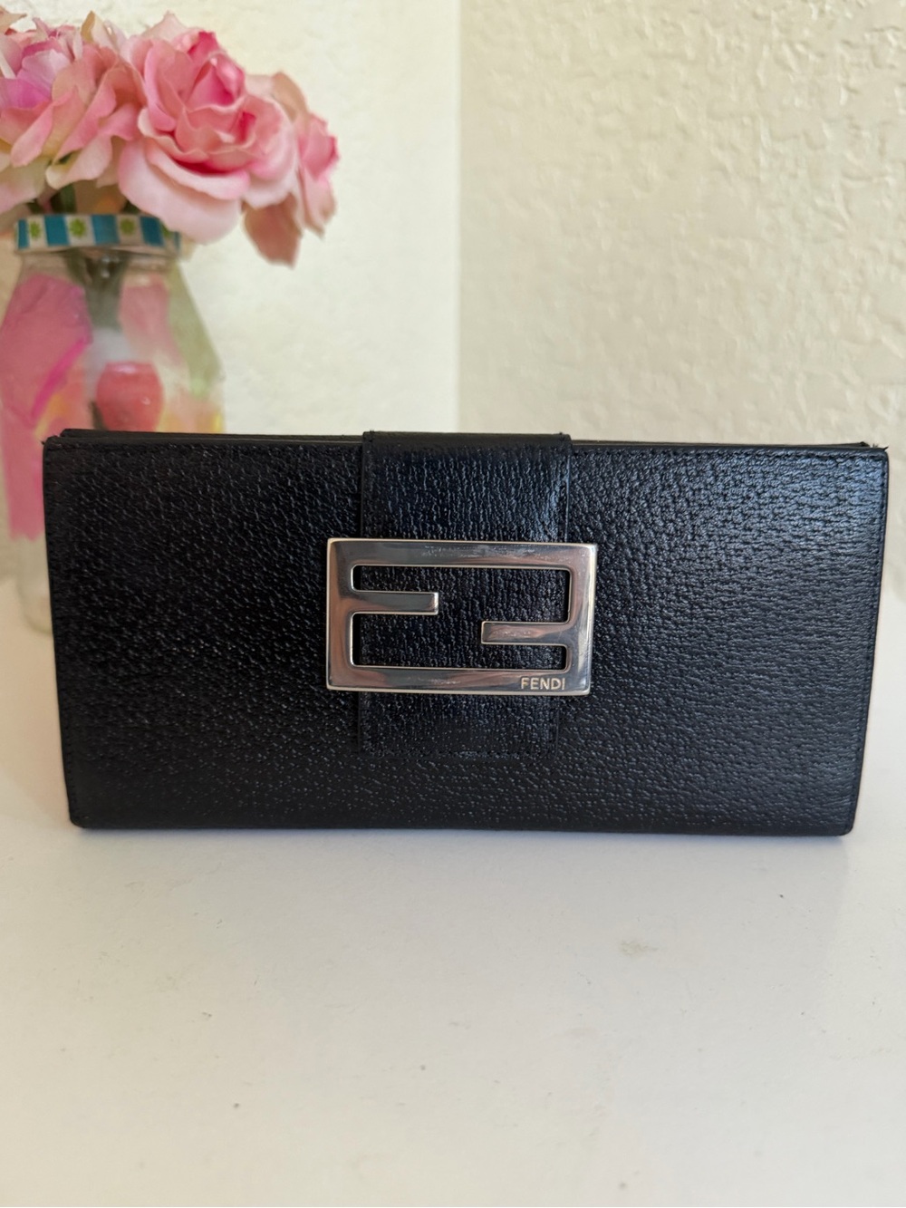 Fendi Zucchino FF Flap Black Calfskin Leather Long Continental Wallet Clutch